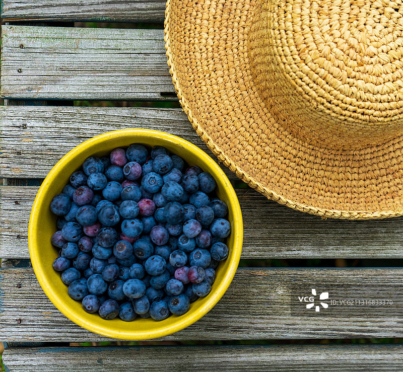 碗装蓝莓桌面高角度视图，美国密西西比州图片素材