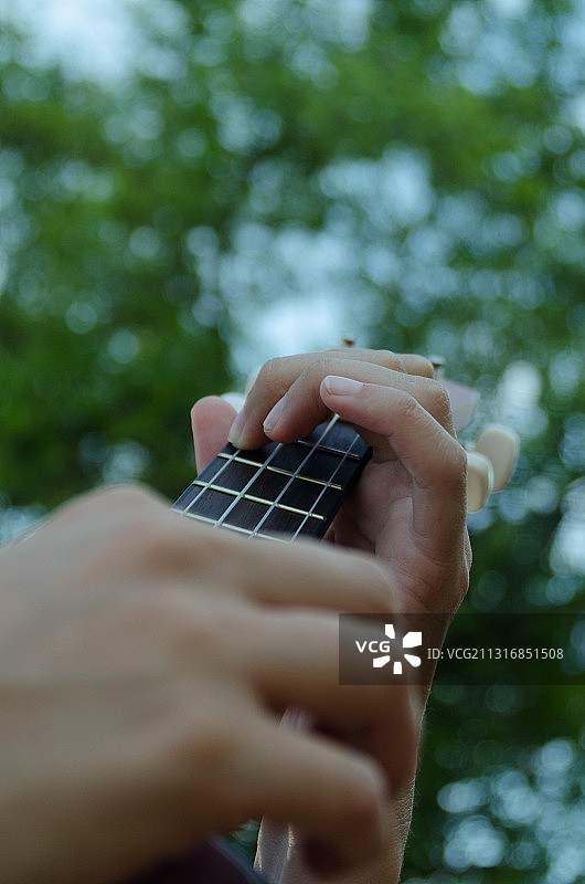 在阿根廷布宜诺斯艾利斯户外对着树木弹尤克里里的局部特写图片素材