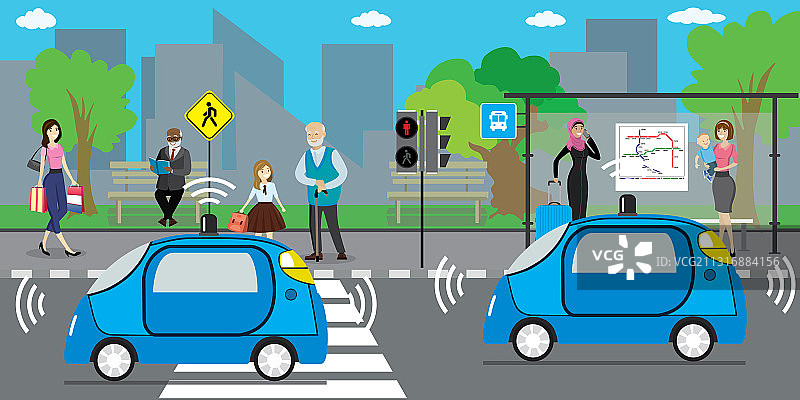 城市街道和道路上的自动驾驶汽车图片素材