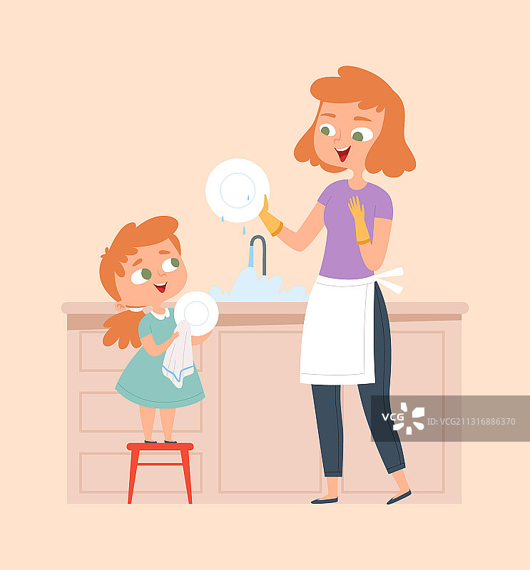 母亲和女儿洗碗做家务家庭图片素材