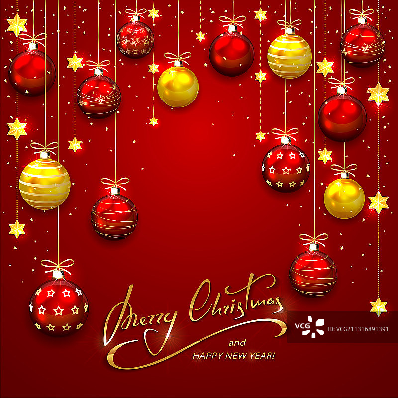 红色背景上的圣诞球和星星图片素材