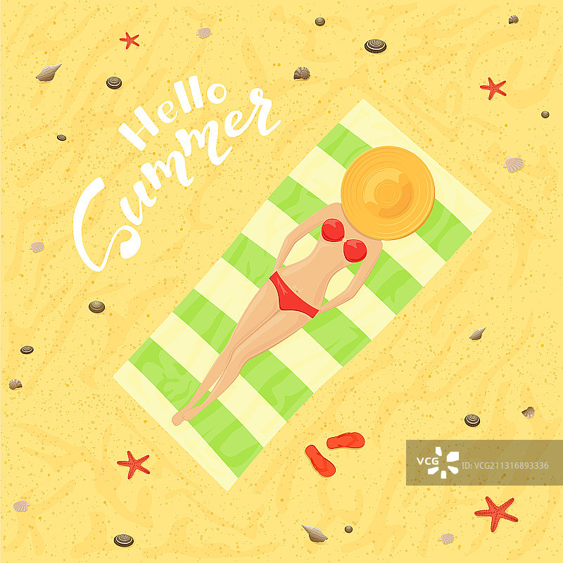沙滩上的女孩和夏季问候语图片素材