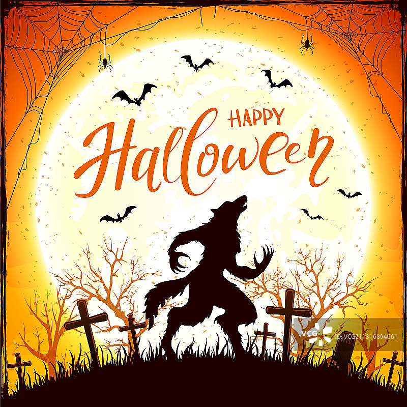 万圣节快乐：狼人和蝙蝠橙色背景图片素材