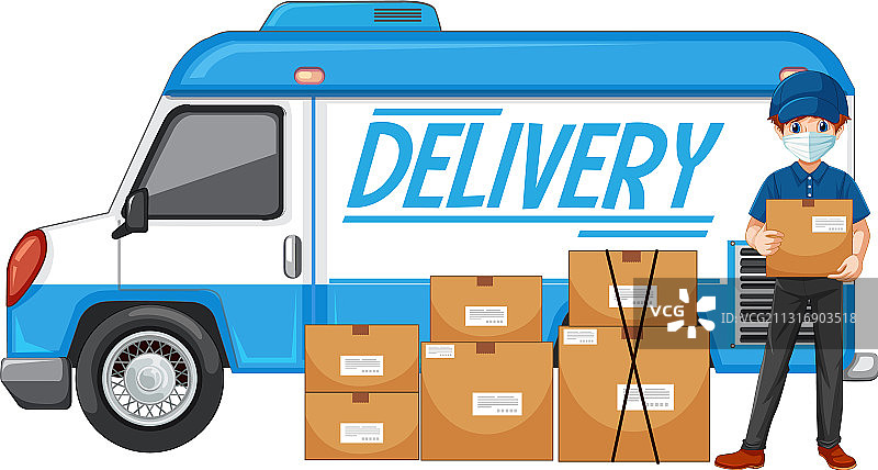 送货卡车或货车与送货员或快递员图片素材
