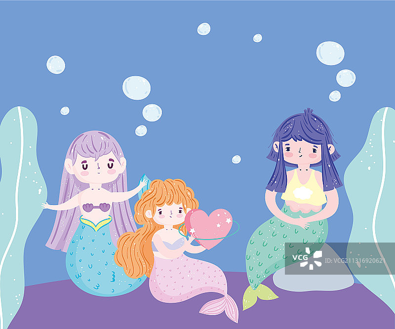 有气泡和海藻的可爱小美人鱼图片素材