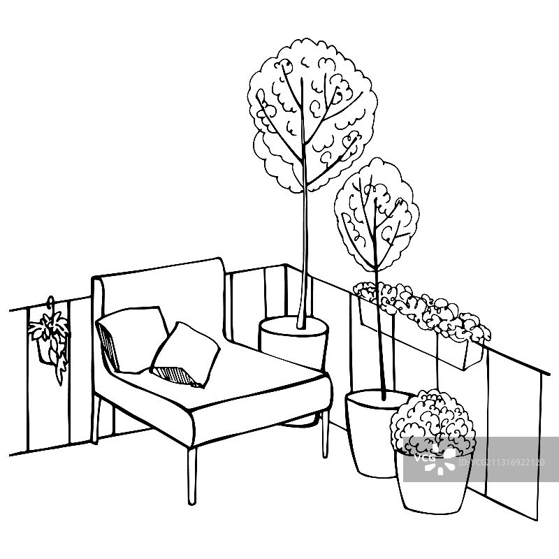阳台上的扶手椅和植物素描图片素材