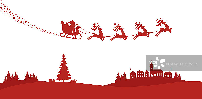 圣诞老人雪橇驯鹿飞行红色剪影图片素材