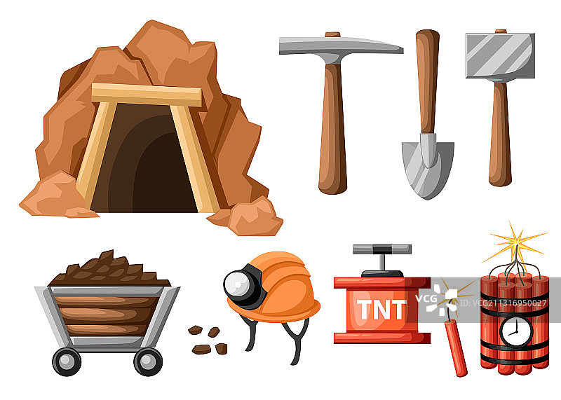 卡通矿山入口和工具图标集图片素材