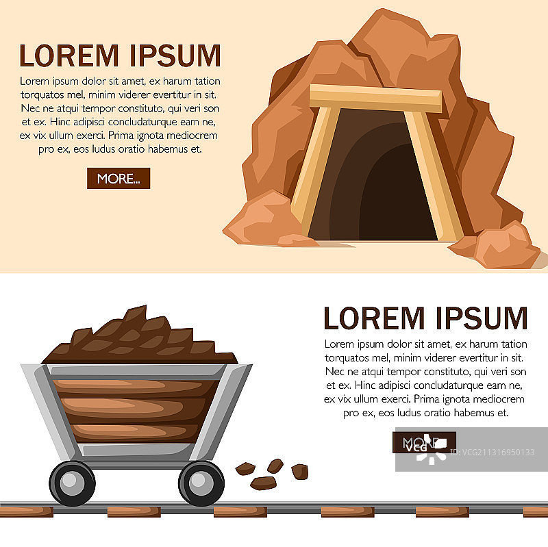 卡通矿井入口与满载的矿车图片素材