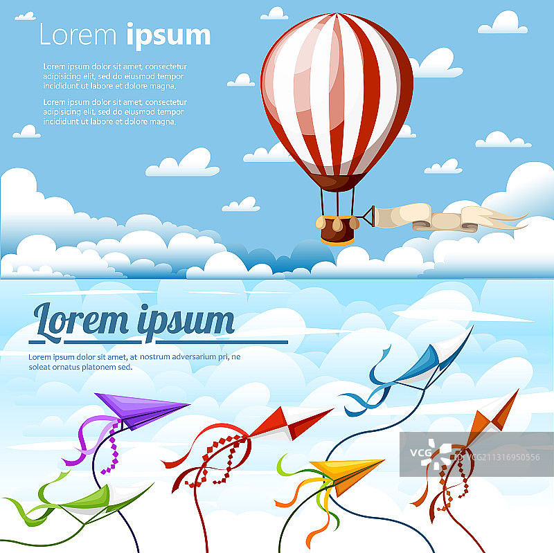 天空背景下的热气球和风筝图片素材