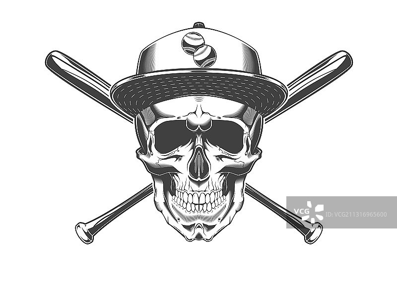 戴棒球帽的复古单色骷髅头图片素材