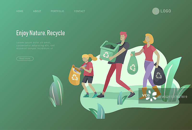 人们进行垃圾分类回收着陆页模板图片素材