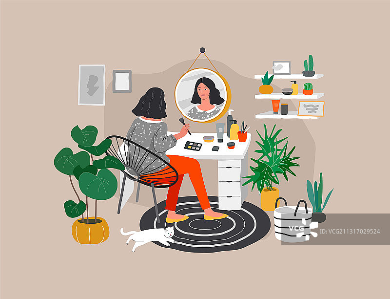 女孩在镜子前化妆图片素材