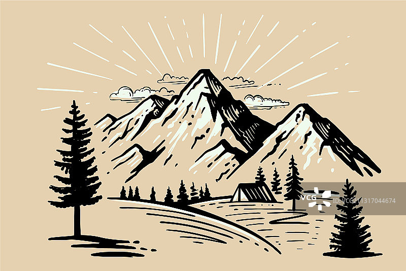 山脉附近森林中的帐篷露营图片素材