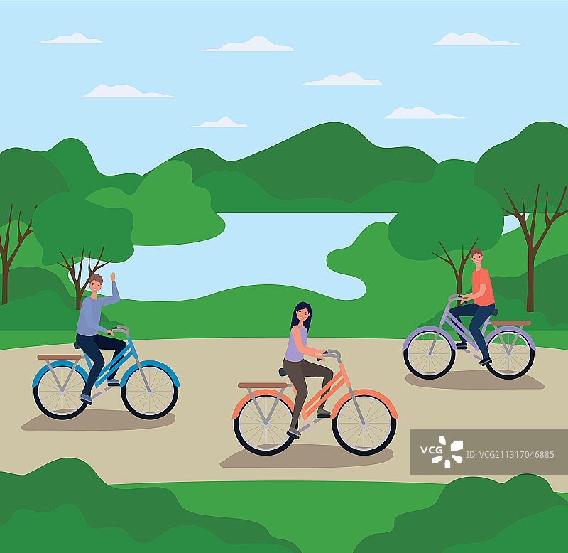 在公园骑自行车的卡通男人和女人图片素材