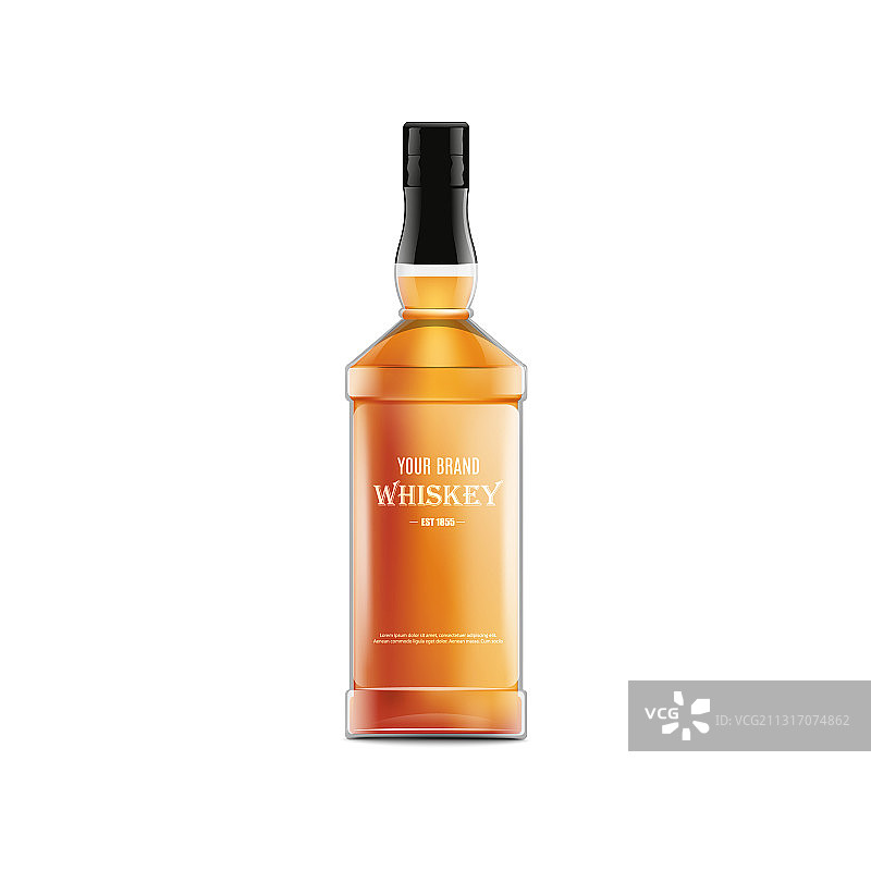白色背景上的逼真威士忌酒瓶样机图片素材