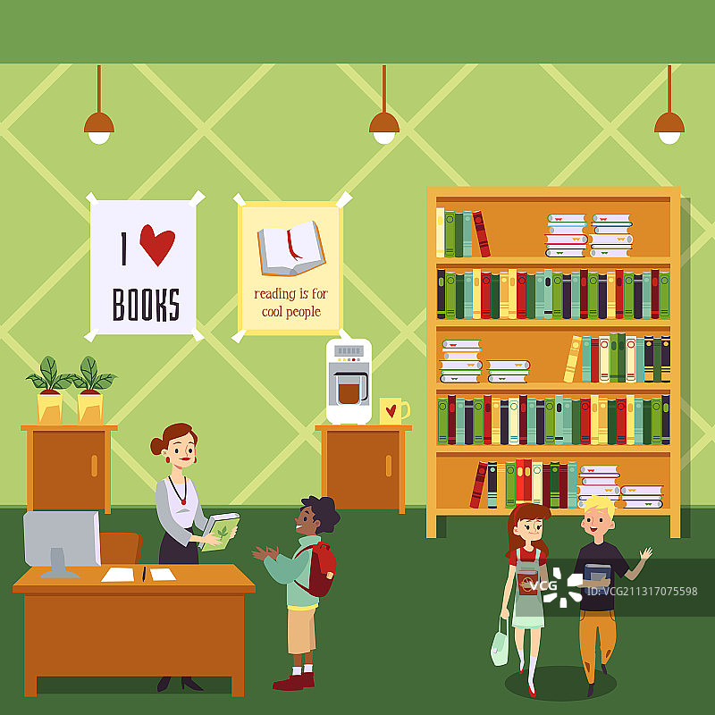卡通儿童图书馆内景图片素材