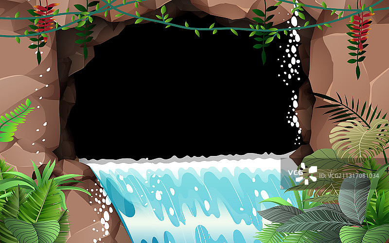 森林洞穴外的瀑布景观图片素材