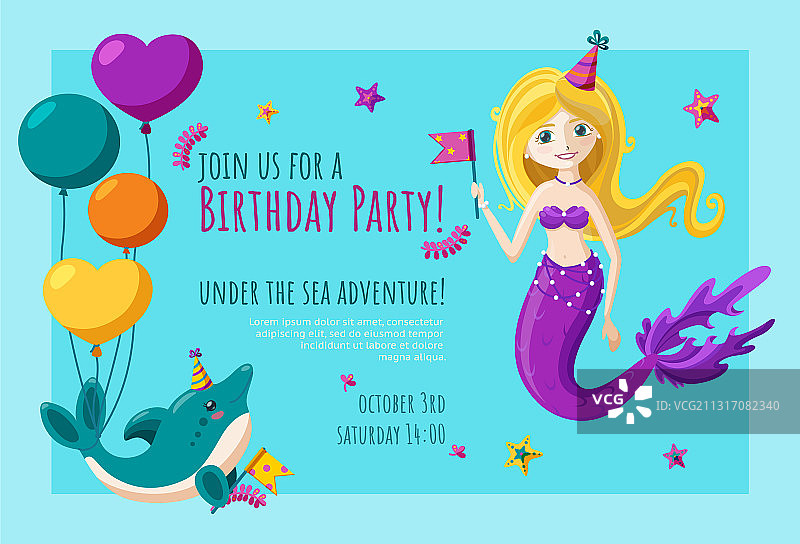 带海豚和美人鱼的生日邀请卡图片素材