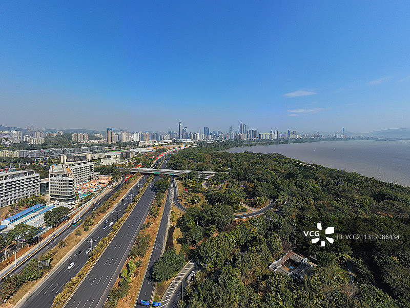 广东省深圳市南山区深圳湾红树公园欢乐海岸港大深圳医院航拍图片素材