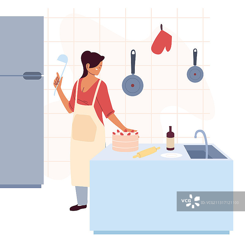 年轻女人在厨房准备蛋糕图片素材