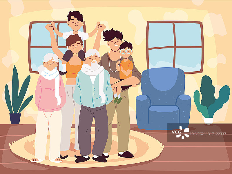 父母和儿子与祖父母卡通图片素材
