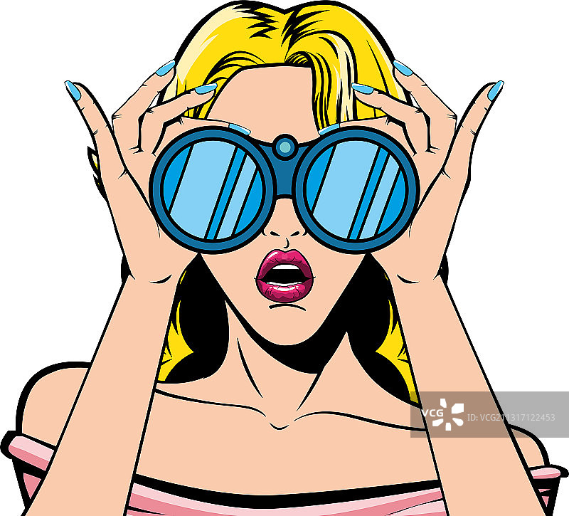 拿着双筒望远镜的复古金发女郎卡通图片素材