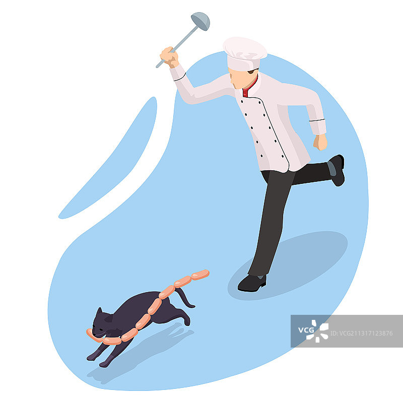 2.5D厨师赶走黑猫图片素材