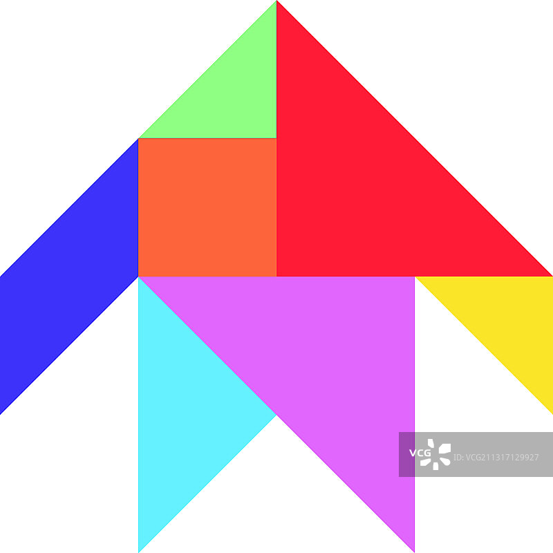 白色背景上的箭头形彩色七巧板图片素材