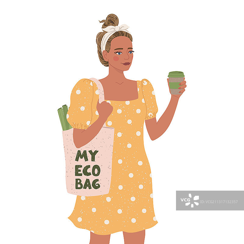 带着环保袋的可爱年轻女孩图片素材