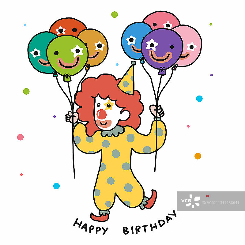 拿着彩色气球的生日快乐小丑卡通形象图片素材