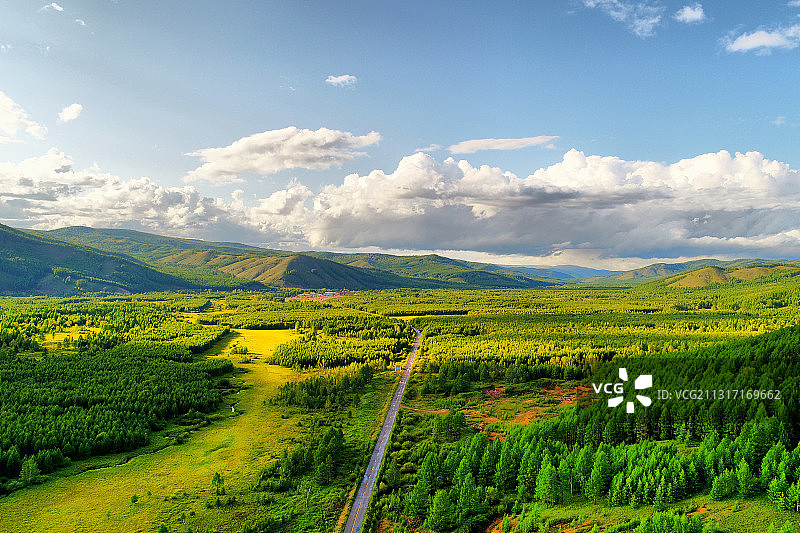 航拍穿越绿色林海的山路图片素材