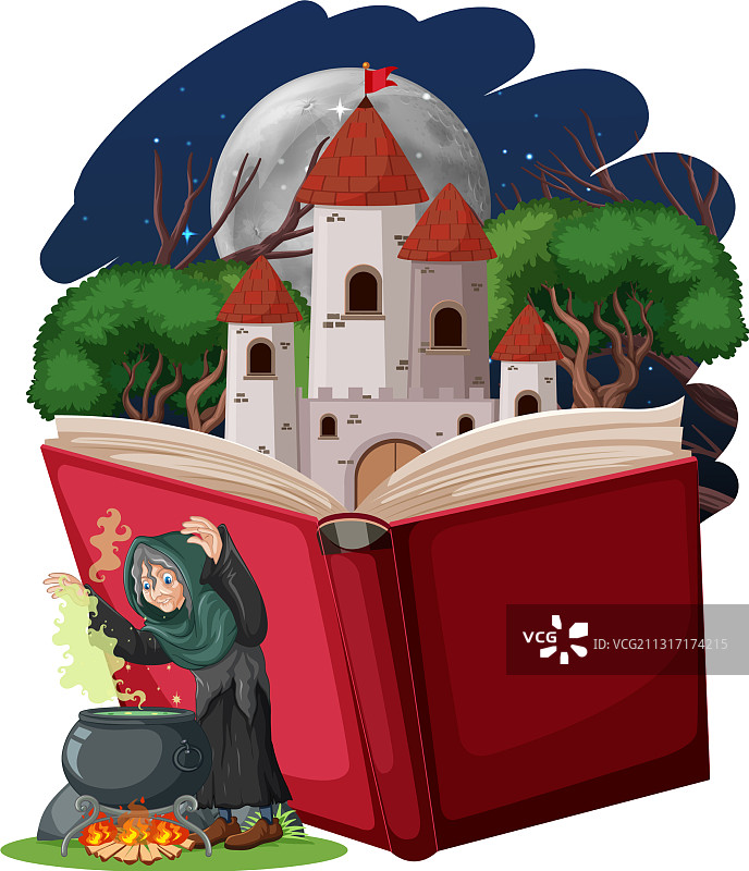 女巫与城堡塔楼立体书卡通图片素材