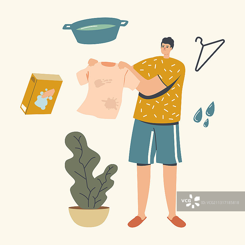 男人拿着有污渍的衣服图片素材