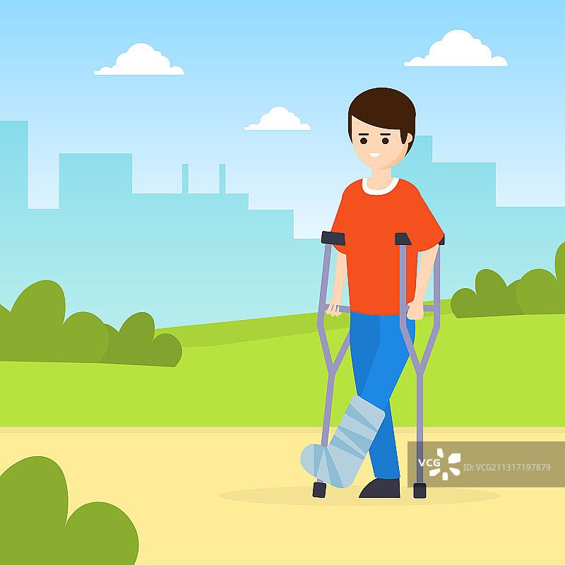 在公园里拄着拐杖行走的断腿男人图片素材