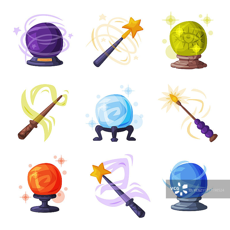 带有闪亮光芒的魔术棒和球套装图片素材