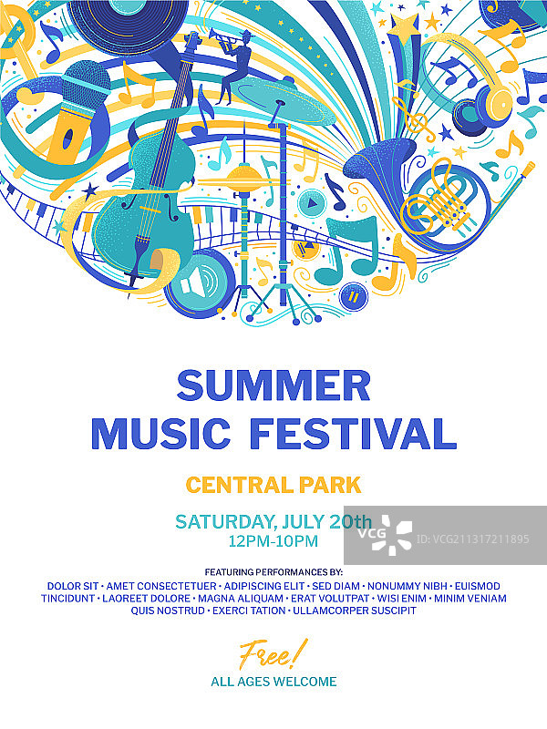 夏季露天音乐节扁平海报图片素材