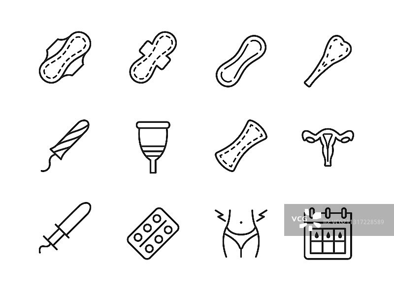 卫生巾和平坦的月经期图标集图片素材