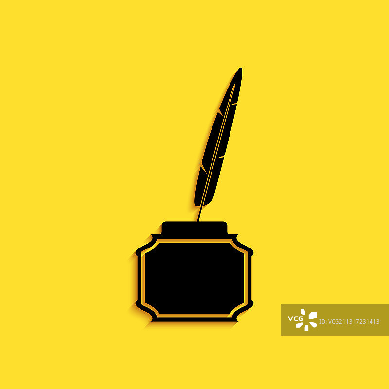 黄色背景上的黑色羽毛和墨水瓶图标图片素材