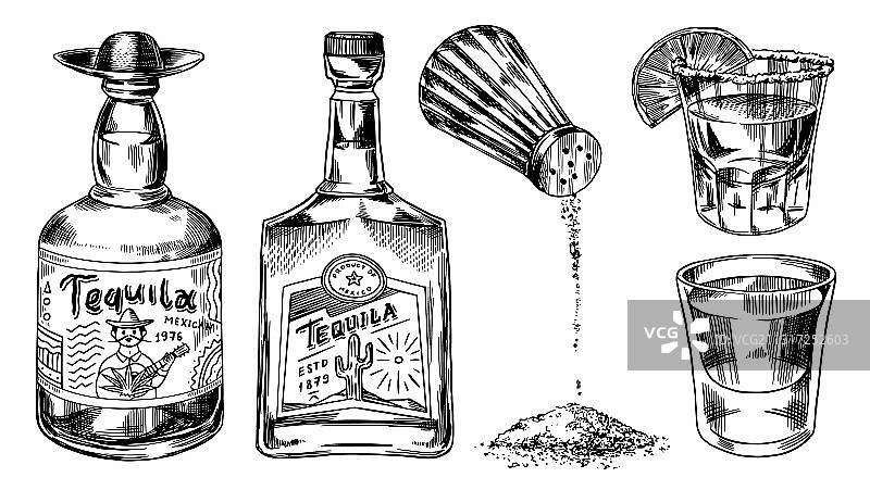 龙舌兰酒瓶和盐瓶玻璃杯图片素材