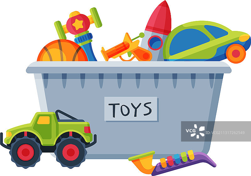 装有各种彩色玩具的塑料容器图片素材