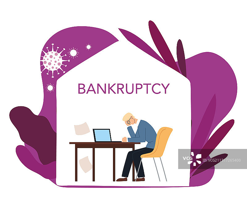 商人头痛坐在办公桌旁，周围有树叶图片素材