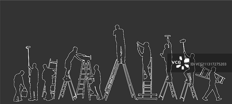 在梯子上作业的油漆工人线条轮廓图片素材