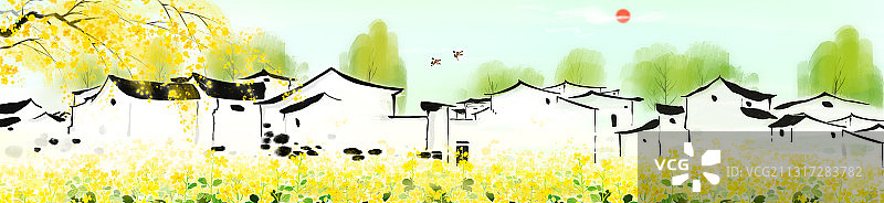 全景水彩长卷春天江南风景画图片素材