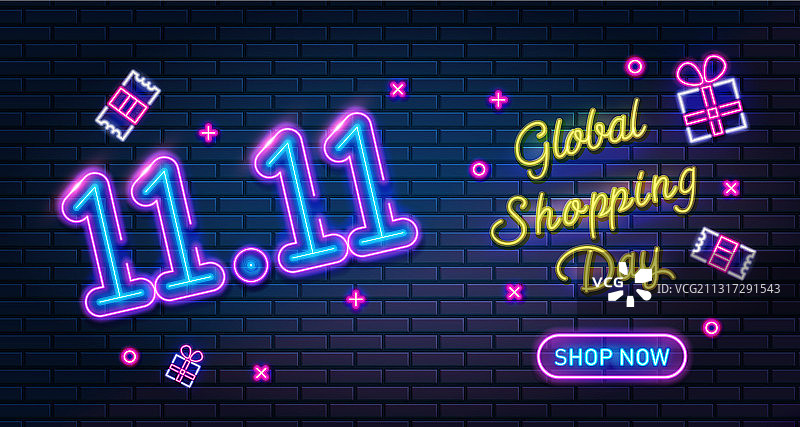 “双十一”网购节霓虹灯促销海报图片素材