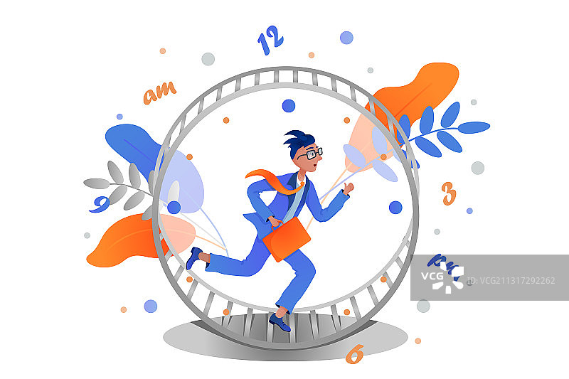 在仓鼠轮时钟里赛跑的商人图片素材