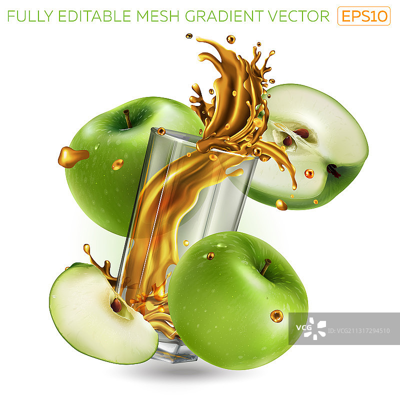 玻璃杯中的绿色苹果和飞溅的果汁图片素材
