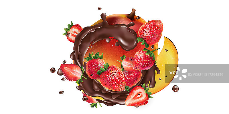 新鲜芒果与草莓和飞溅图片素材
