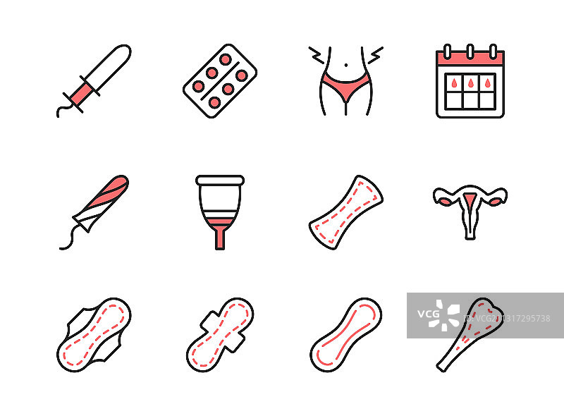 月经期线性扁平图标合集图片素材