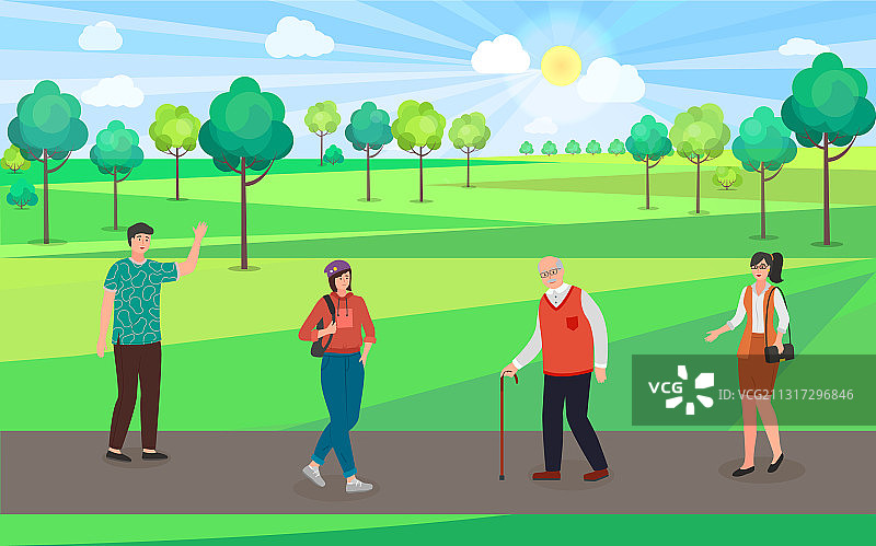 人们在城市公园里散步（老人和女孩）图片素材